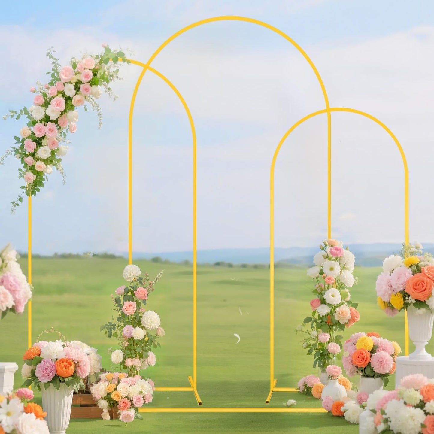 Wedding Arch Backdrop Stand and Beige Arch Cover Set of 3 (7.2FT, 6.6FT, 6FT) Metal Arch Stand Balloon Arched Frame Backdrop with Spandex Arch Stand Cover for Birthday Party Baby Shower Graduation