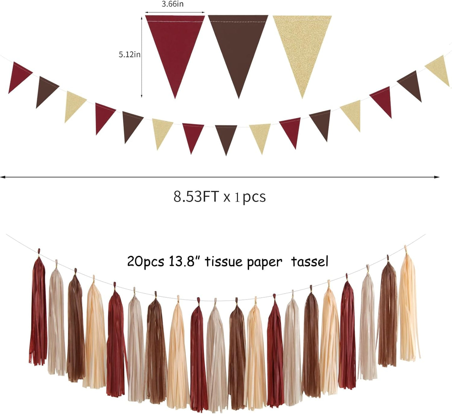 Boho Baby-Shower Burgundy-Brown Champagne Party-Decorations - 28pcs Neutral Birthday Rustic Wedding Bridal Tissue Pom Poms Streamers, Fall Autumn Tassel Garland Banner, Engagement Decor Ouruola