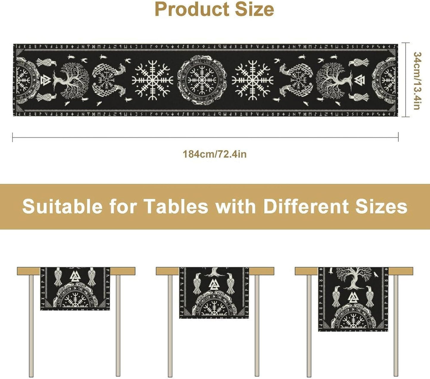 Ancient Abstract Pattern Table Runner, Tree of Life Eagle Dragon Boat Rudder Black and White Table Runner 13x36 Inch