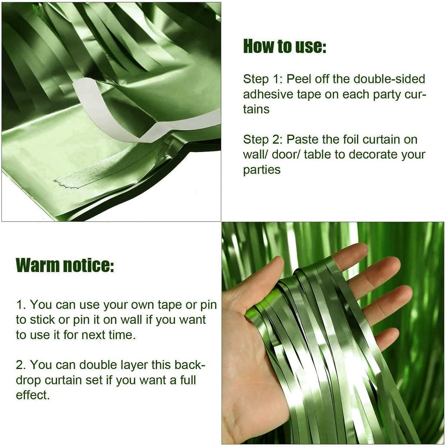 4 Pack Light Green Foil Fringe Curtain Backdrop, 3.28Ft x 9.84Ft Metallic Tinsel Streamers Curtains for Party, Photo Booth Props, Birthday, 2022 Graduation Decoration Supplies