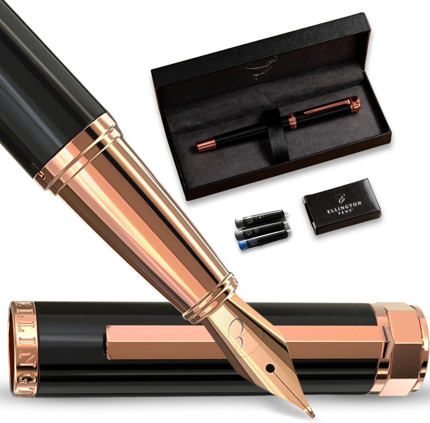 Ellington Pens Luxury Fountain Pen Set- Fountain Pens for Writing - Smooth Extra Fine Nib - Includes Refillable Ink Converter, 3 Ink Cartridges [Black & Blue], Gift Box - Elegant Calligraphy