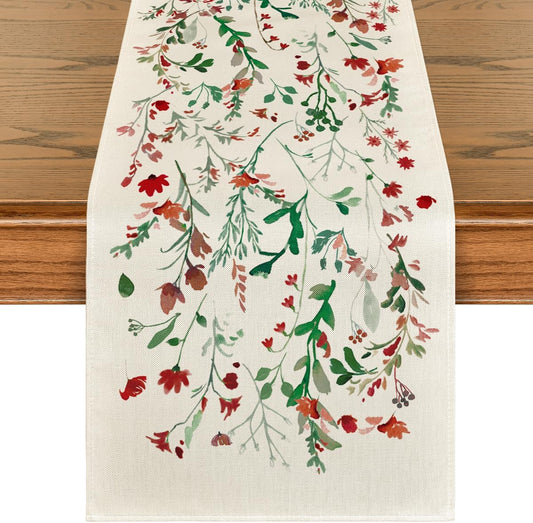 Artoid Mode Floral Leaves Christmas Table Runner, Wild Flowers and Grasses Winter Kitchen Dining Table Decoration for Home Party Decor 13x72 Inch