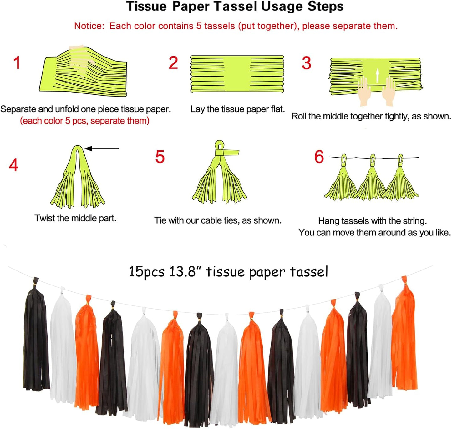 Black-White Orange Halloween Party-Decorations Tassel-Garland - 15pcs Graduation 2025 Supplies Tassels, Birthday Wedding Baby Bridal Shower Decor Panduola