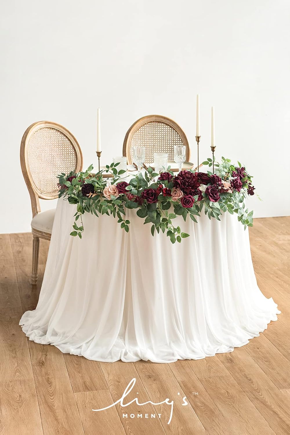 Ling's Moment Flower Garland - 6FT Eucalyptus & Rose - Sweetheart Table Decor for Wedding Reception, Artificial Floral Garland for Mantle, Thanksgiving, Christmas Decoration, Marsala & Blush