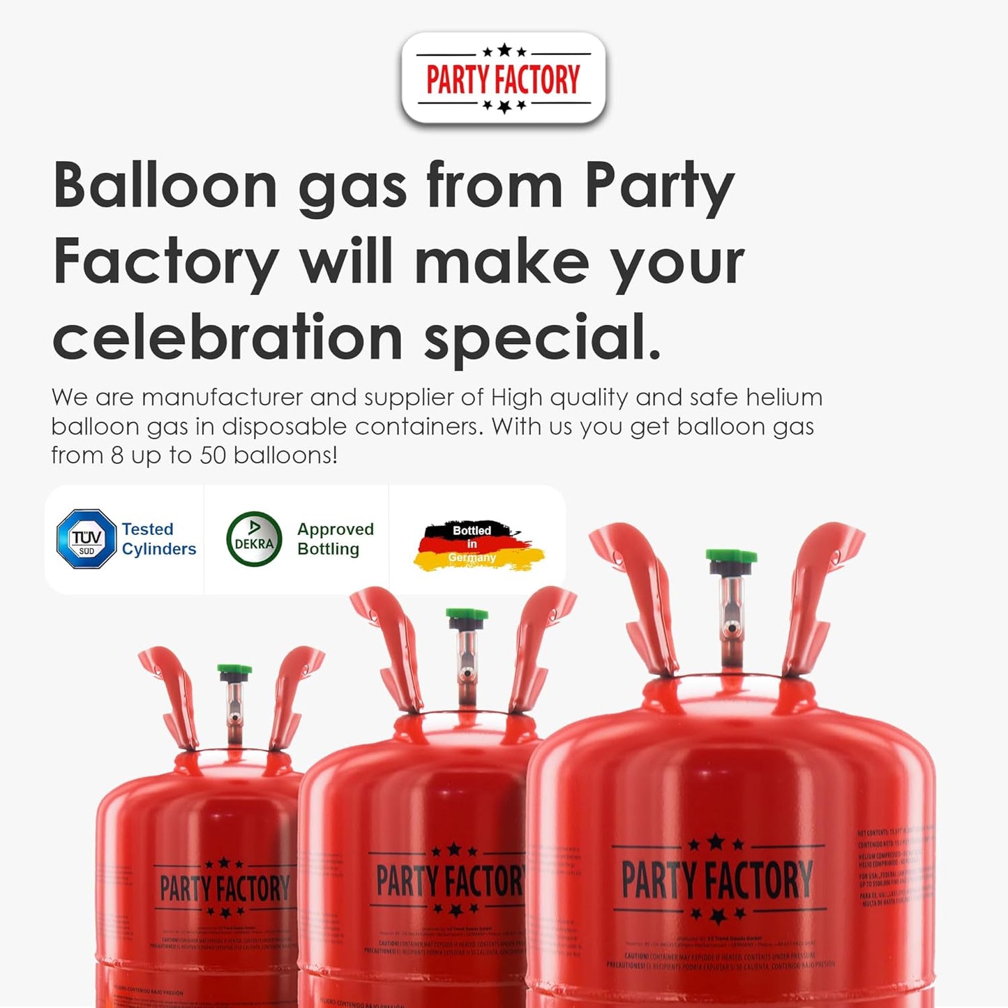 Party Factory Helium Tank for up to 50 Latex Balloons, Helium Cylinder 14.1 cu. ft. Gas with filling quantity for Balloons, Ideal for Birthday Party, Wedding