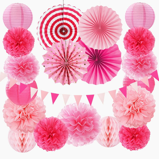 Rose Hot-Pink Party Decorations - 20pcs Paper Lanterns Fans,Tissue Pom Poms,Honeycomb Balls,Bunting,Birthday Wedding Bachelorette Baby Shower Bridal Graduation Engagement Decor Burgleda