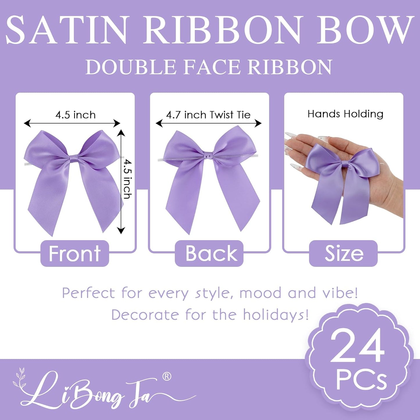 4.5" Satin Ribbon Light Purple Bows for Gift Wrapping, Twist Tie Bows, Cute Bows for Crafts, Party Favors, Premade Bows Pre-Tied Decorative Bows for Flower Bouquets Candy Apple Bows-24 Counts