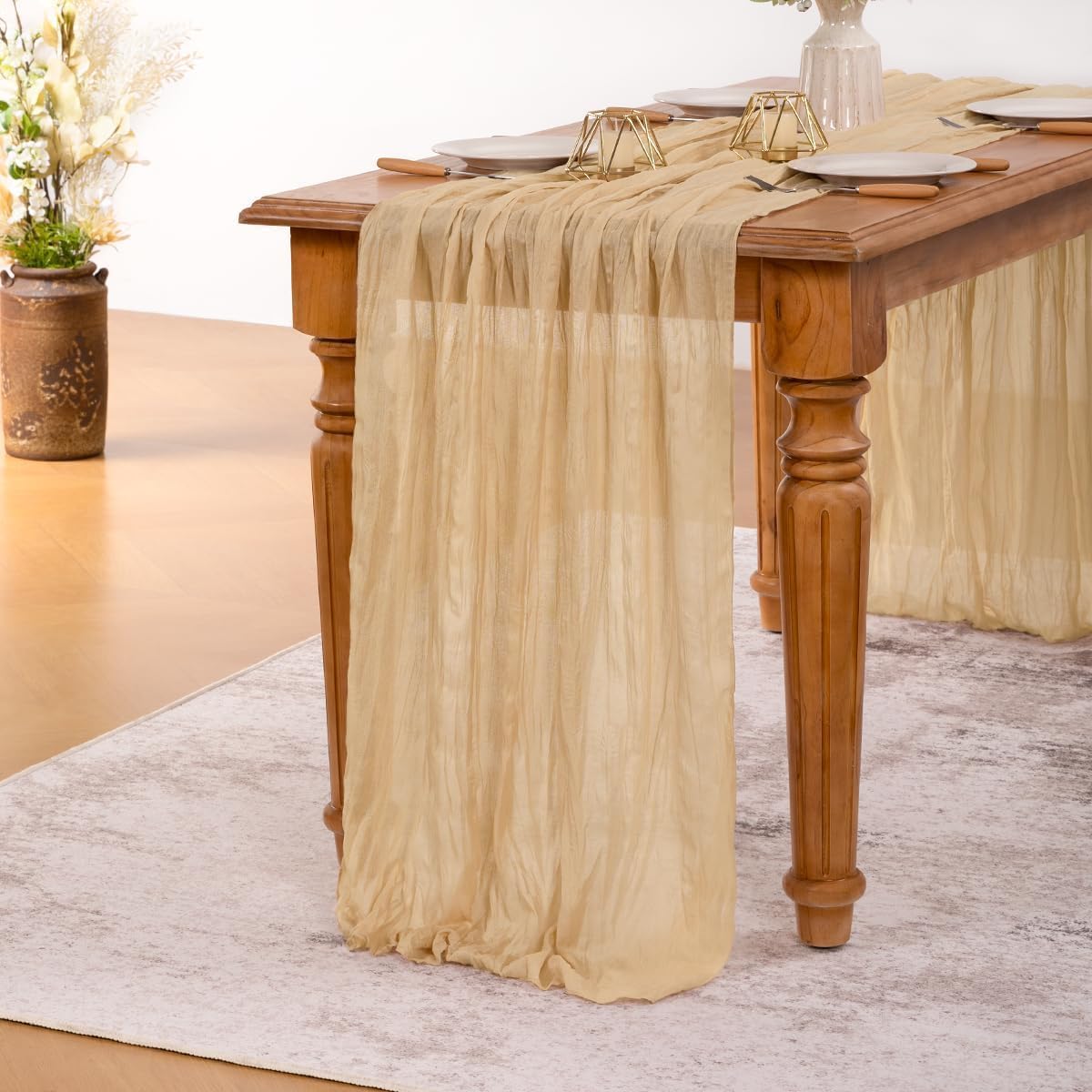 MLMW 4 Pack Champagne Gold Table Runner Cheesecloth Boho Gauze Rustic Cheese Cloth 160 inch Sheer Wedding Table Runner 13.3ft for Thanksgiving Party Baby Bridal Shower Birthday