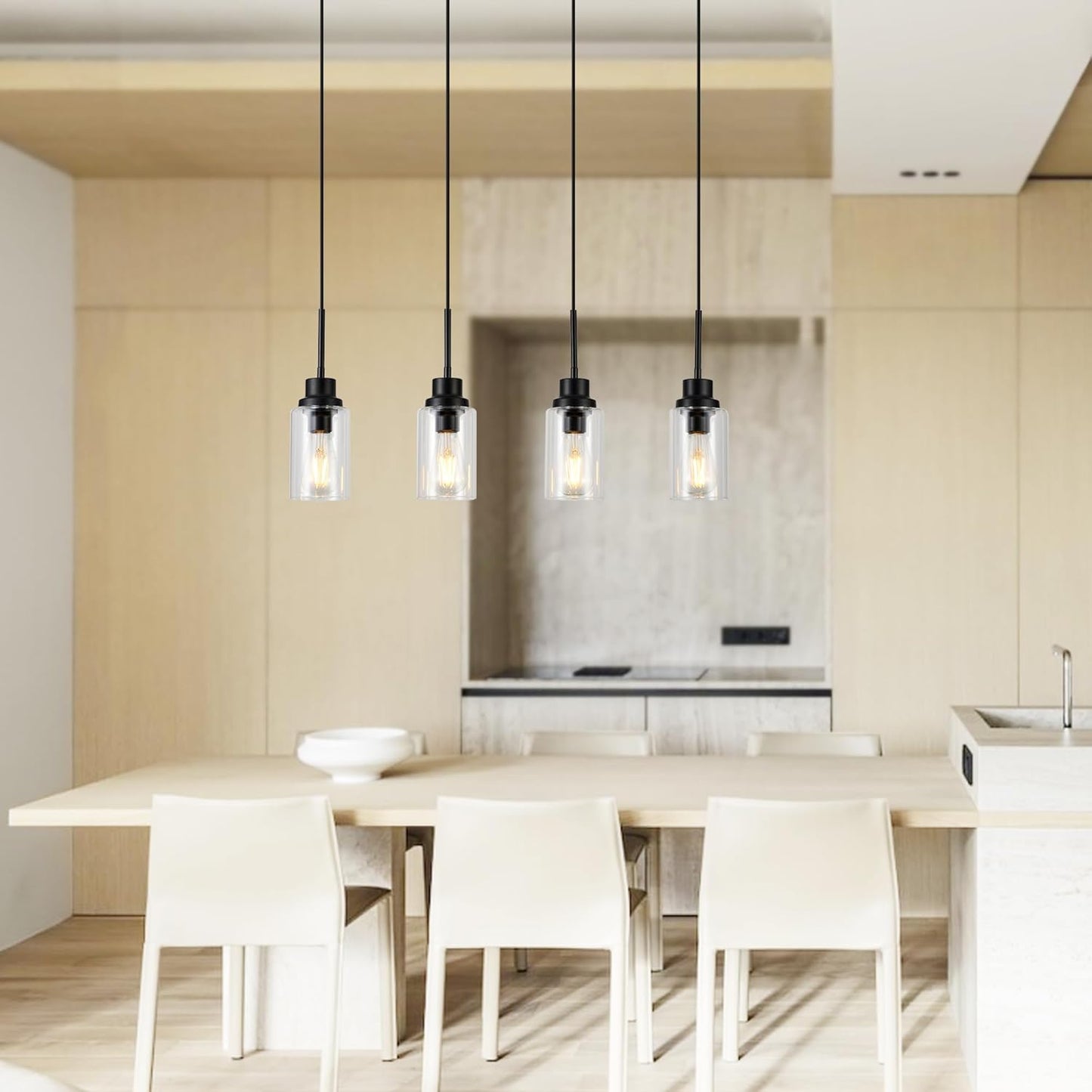 4-Lights Pendant Lighting for Kitchen Island in Black, Ceiling Light Fixtures with Adjustable Hanging Wire & Clear Glass Shades