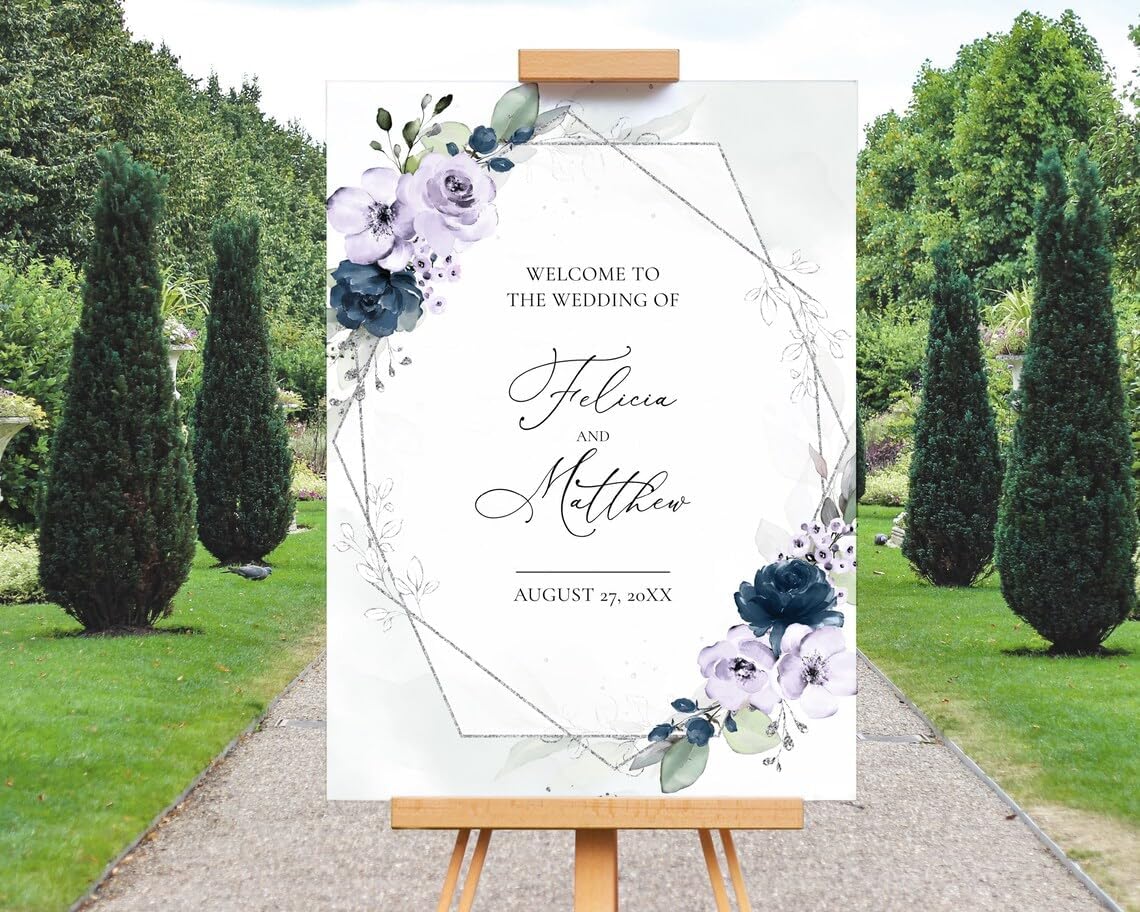 Lavender and Navy Blue Roses Wedding Welcome Sign, To The Wedding Of Signs