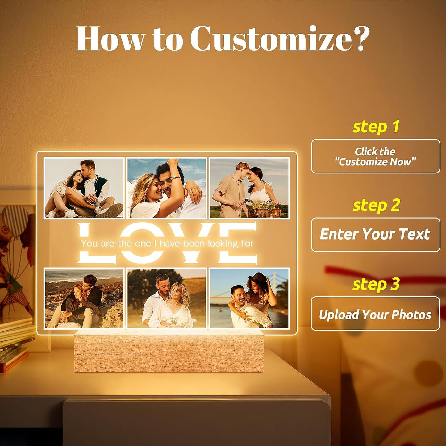 Personalized Anniversary Couples Gifts for Women Men Girlfriend Boyfriend, Custom Picture Frames with Photo, Personalized Photo Frame with Night Light, Customized Gifts for Her Him Wife Husband