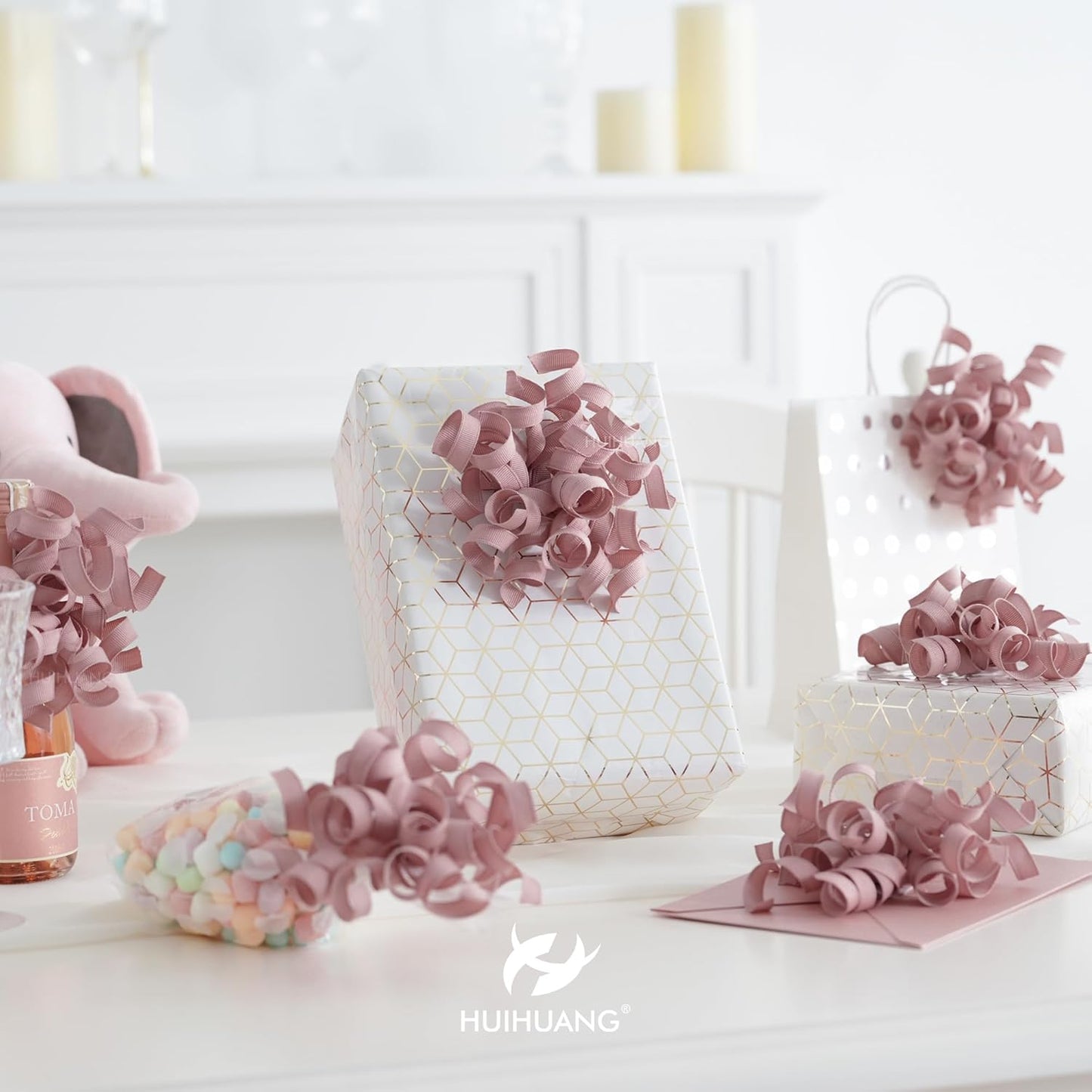 HUIHUANG Dusty Rose Bows for Gift Wrapping, Dusty Pink Curly Ribbon Bows Self Adhesive Burst Gift Bow for Presents, Wine Bottle, Treat Bags, Bridal Shower Wedding Party Favor - 6 Counts