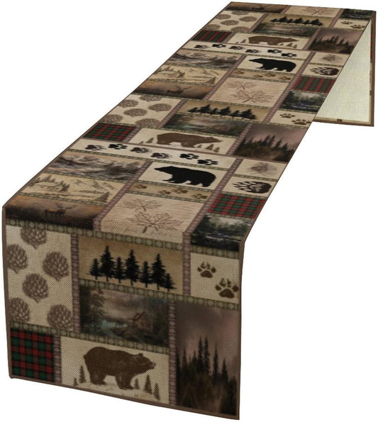 Retro Rusticd Cabin Table Runner Bear Country Farmhouse Vintage Lodge Table Runner for Party Dinner Festival Bedroom Living Room Kitchen 13x90 Inch