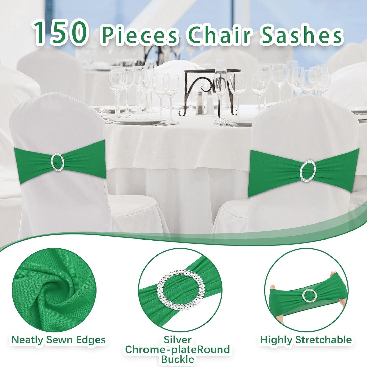 CHENGU 150 Pieces Spandex Stretch Chair Sashes Bows Elastic Chair Cover Bands Ties with Buckle Slider for Wedding Party Reception Events Universal Ceremony Banquet Decorations (Green)