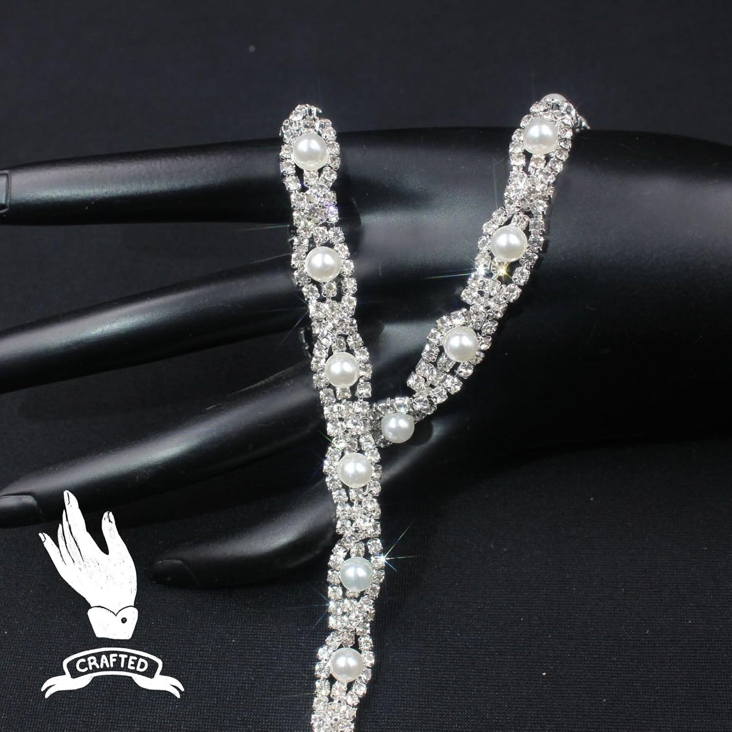 PEARLY JUN 2 Yards Pearl Rhinestone Trim Chain Silver Crystal Fringe Diamond Applique Ribbon String Tassel Strip for Sewing Wedding Dress Crafting Crafts Flower Embellishments