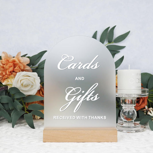 Cards and Gifts Sign for Ceremony and Reception, Acrylic Wedding Signs with Wood Stand, 5x7" Frosted Arch Cards Sign for Card Box, Perfect for Rustic Wedding Decoration, Party, Anniversary, Event