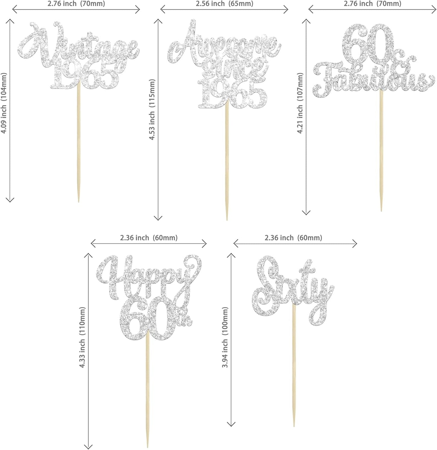 30Pcs Happy 60th Birthday Cupcake Toppers Glitter Sixty Vintage 1965 Cupcake Picks Cheers to 60 Fabulous Cake Decorations for 60th Birthday Wedding Anniversary Party Supplies Silver