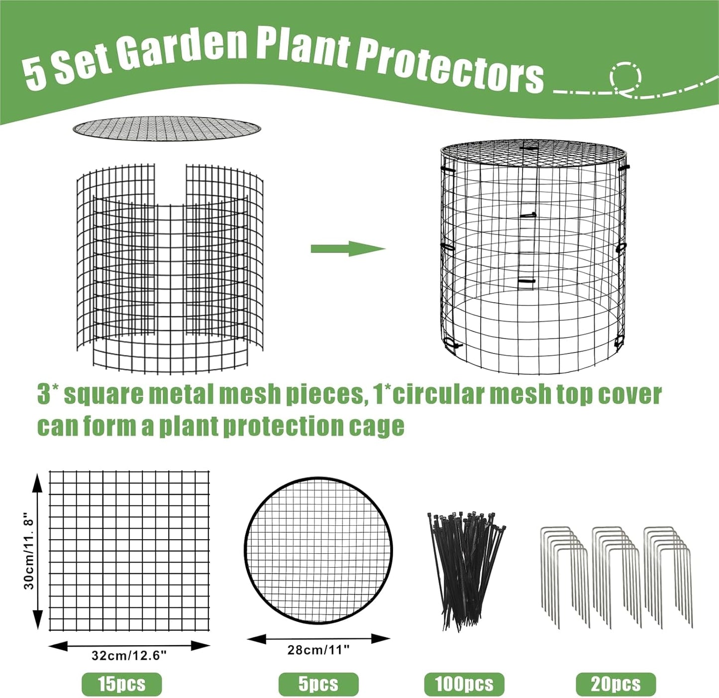5 Packs Garden Plant Protectors from Animals,Metal Plant Cage Chicken Wire Cloche with Ground Stakes and Nylon Tie,Garden Plant Protectors for Flower Vegetable to Keep Animals Out-11.8"x 12.6"