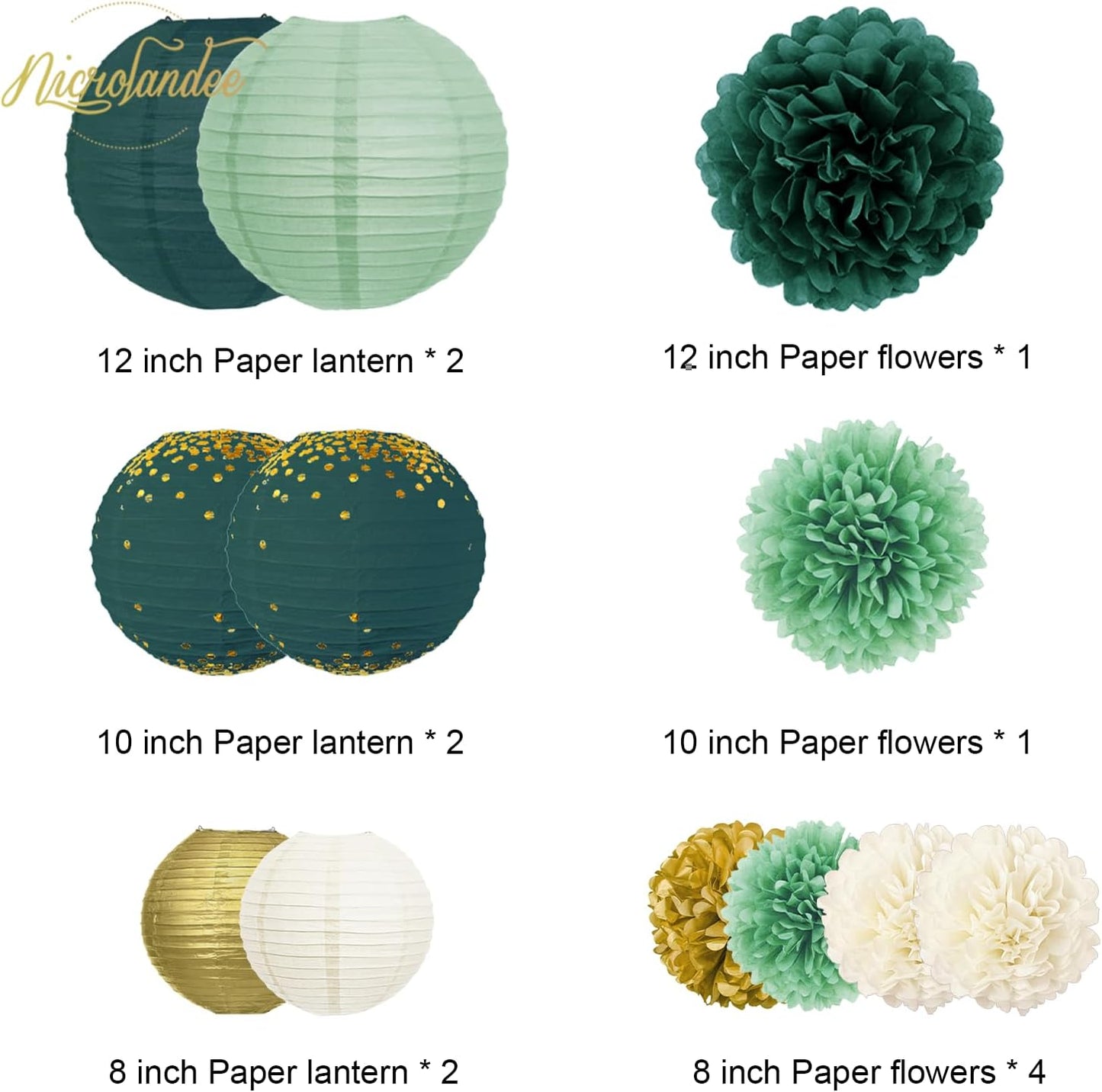 NICROLANDEE Wedding Decorations, 12PCS Hanging Paper Lanterns Tissue Pom Poms Emerald Green Backdrop Decor for Bridal Shower Birthday Baby Shower Green Theme Party Supplies