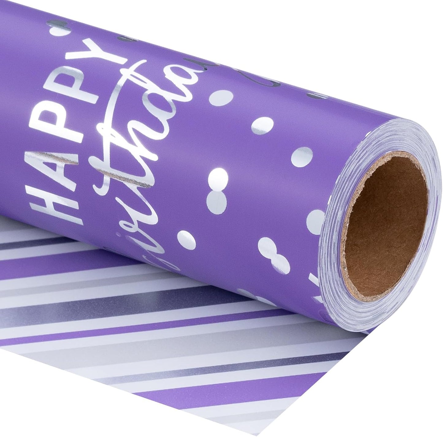 LeZakaa Reversible Purple Birthday Wrapping Paper Roll for Girls Women, Happy Birthday Lettering & Stripe Pattern with Metallic Foil in Purple, Mini Roll, 17 inches x 32.8 Feet (46.45 sq.ft.)