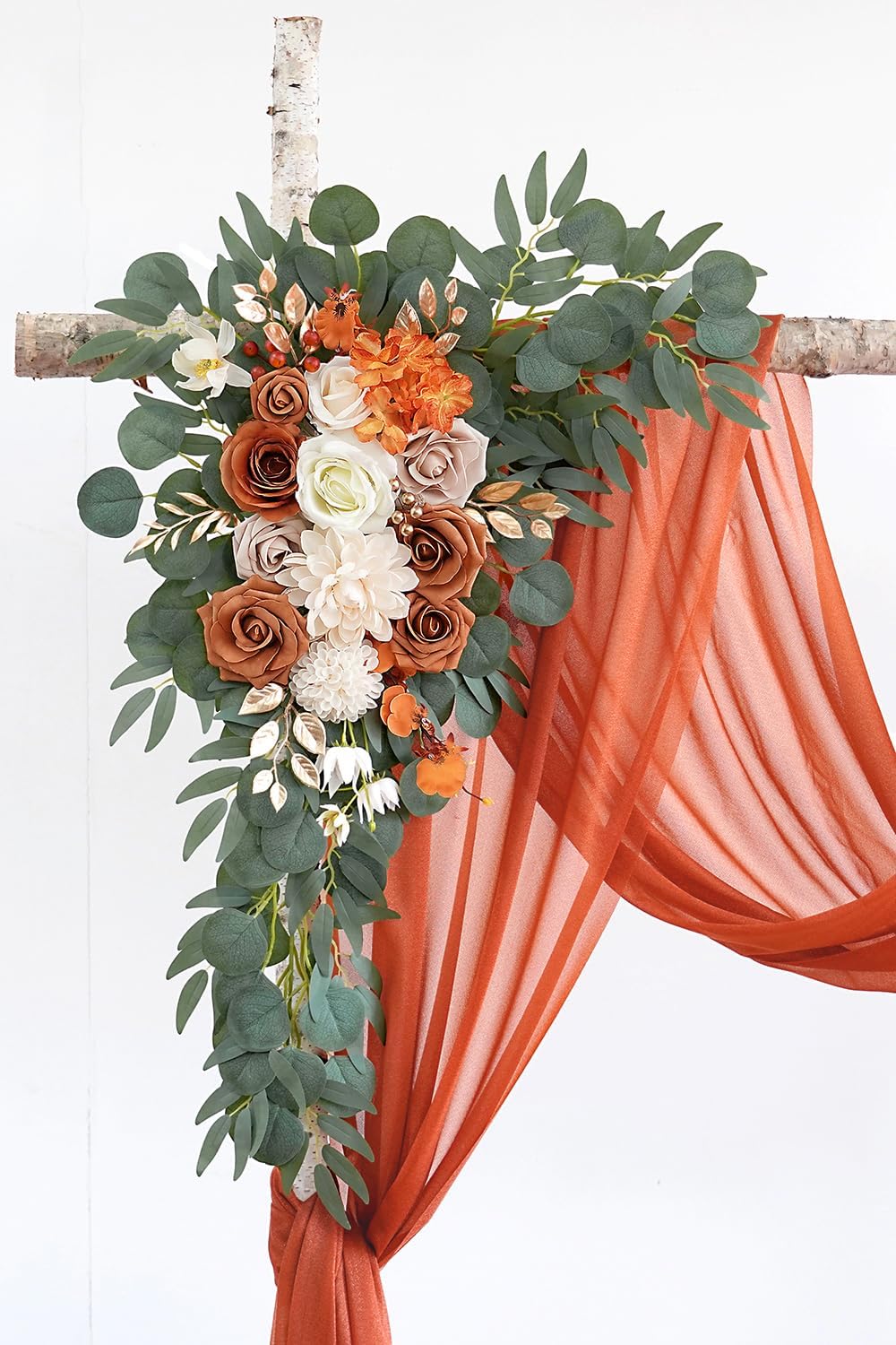 Burnt Orange Artificial Wedding Arch Flowers Kit (Pack of 3) with 26Ft Terracotta Shiny Arch Draping Fabric for DIY Wedding Party Ceremony Reception Backdrop Floral Decoration
