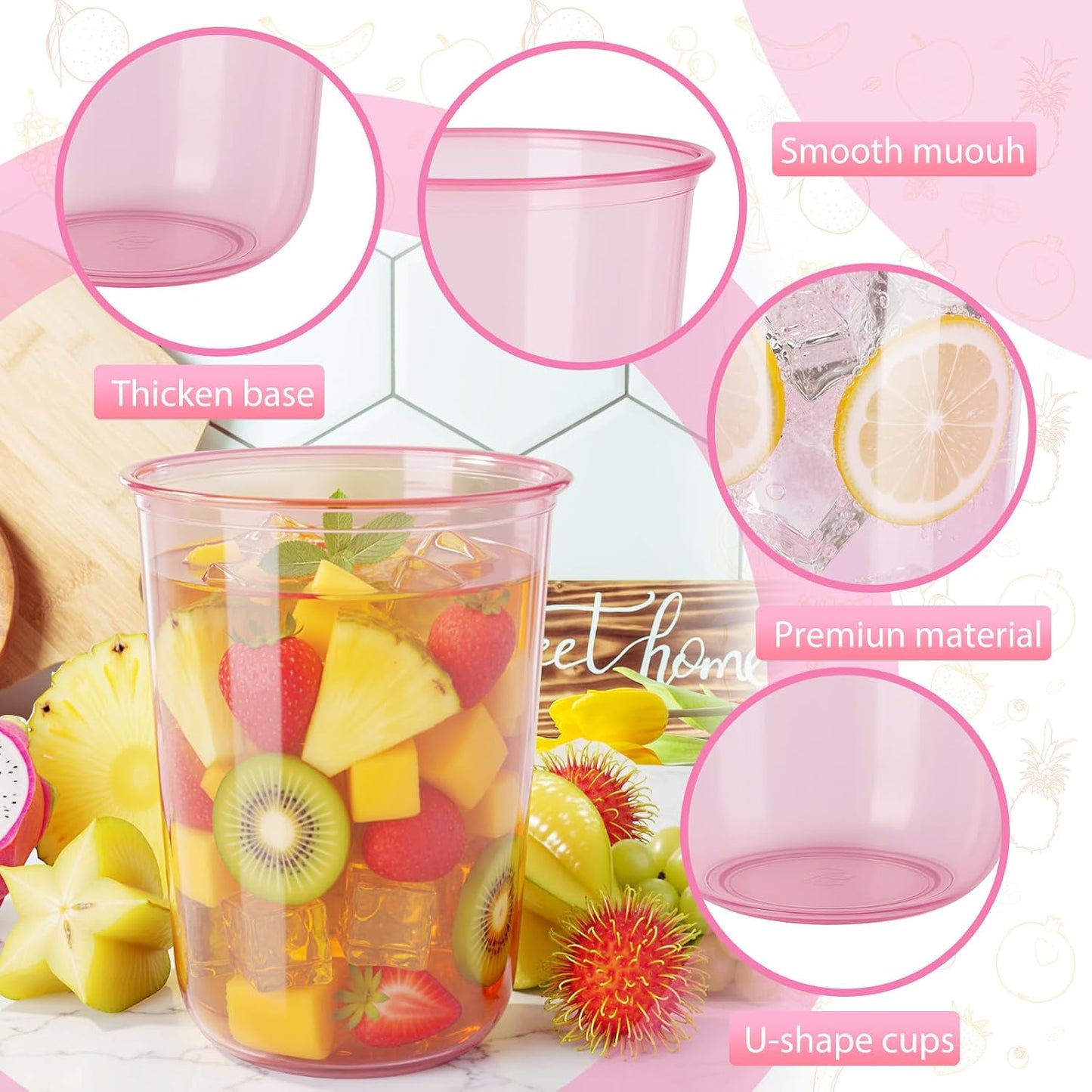 60 Pcs Disposable Stemless Clear Glasses 16 oz NATURAL Arc Crystal Plastic wine glasses Clear Classic Pet Cup for Meeting Weddings Birthdays Cocktail Christmas Party Supplies