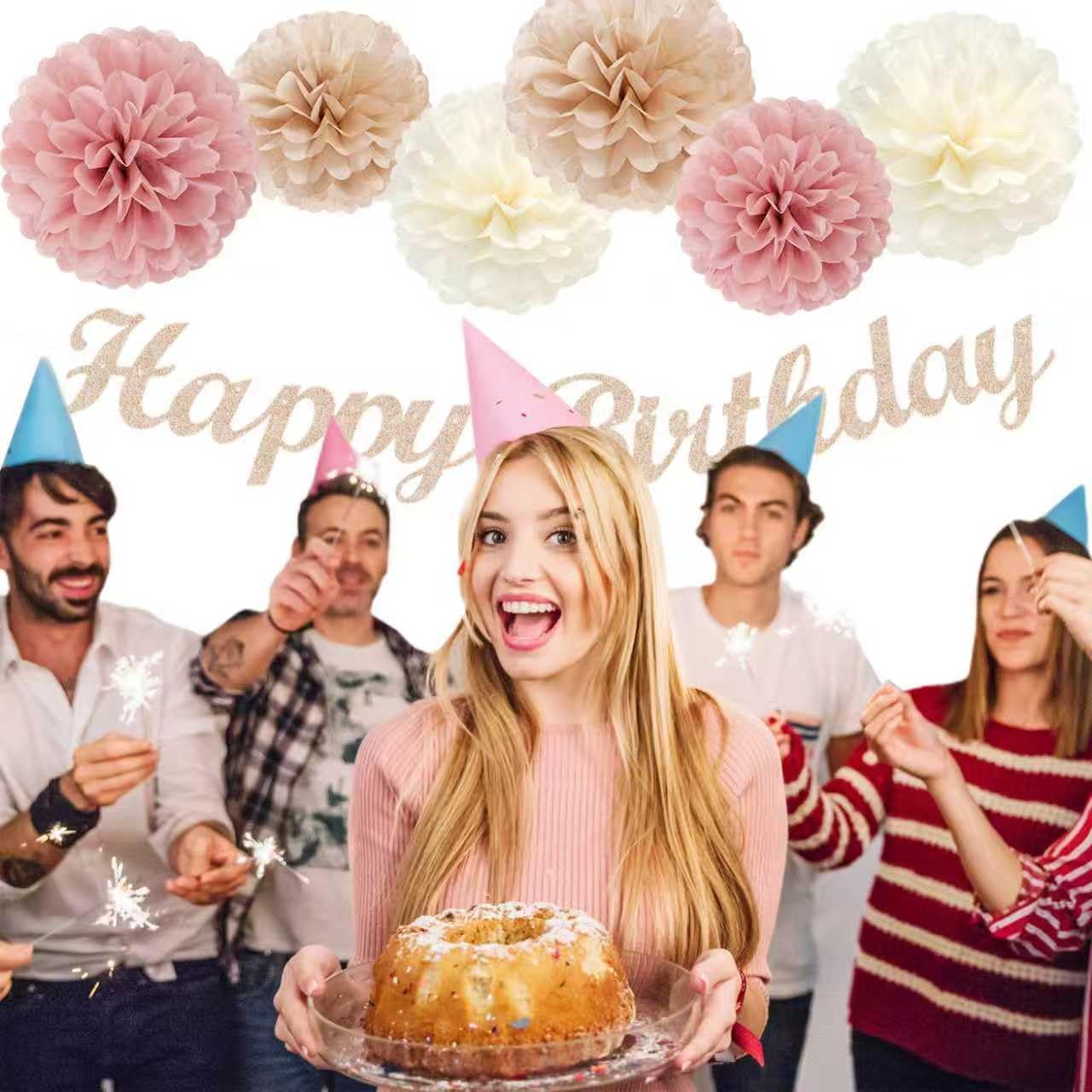 Pink Champagne-Peach Rose-Gold Boho Party Decorations - 23pcs Women Girls Birthday Tissue Pom Poms Streamers,Baby Bridal Shower Tassel Garland Banner,Rustic Wedding Graduation Decor Backdrop Ouruola