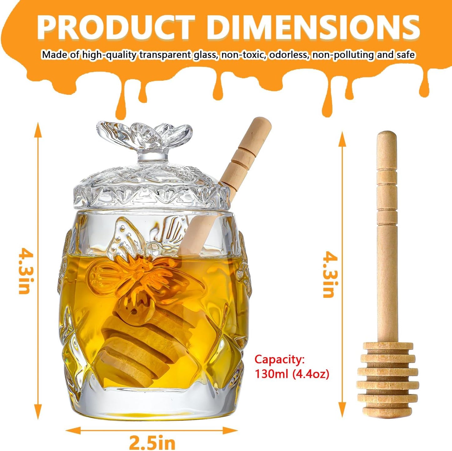 kanpura Clear Crystal Honey Jar with Dipper and Lid, Honey Bee Pot, 4.5oz Glass Honey Pot for Home Kitchen