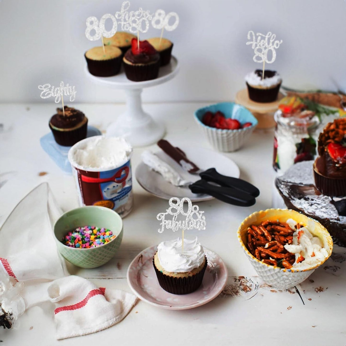 30Pcs Happy 80th Birthday Cupcake Toppers Eighty Cheers to 80 Years Old Birthday Cupcake Picks for Happy 80th Birthday Anniversary Party Cake Decorations Silver Glitter