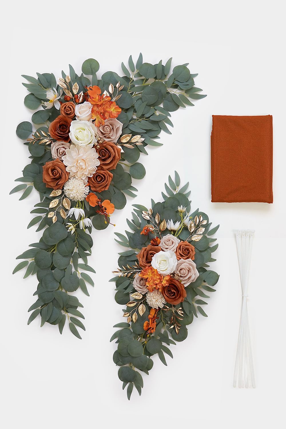 Burnt Orange Artificial Wedding Arch Flowers Kit (Pack of 3) with 26Ft Terracotta Shiny Arch Draping Fabric for DIY Wedding Party Ceremony Reception Backdrop Floral Decoration