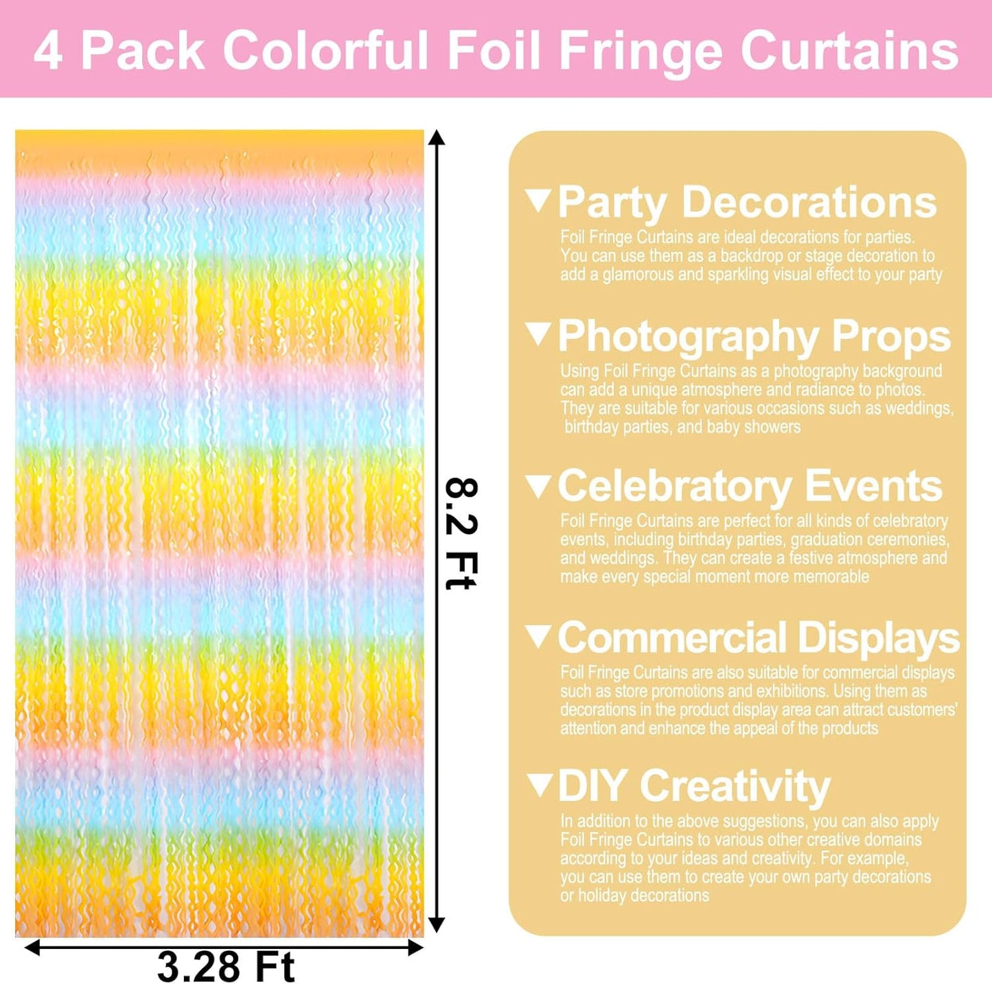 4 Pack Light Rainbow Wave Foil Fringe Curtain Backdrop, 3.28Ft x 8.2Ft Metallic Tinsel Foil Fringe Streamer Curtains for Photo Booth, Mother's Day, Easter, Birthday, Wedding Party Decoration