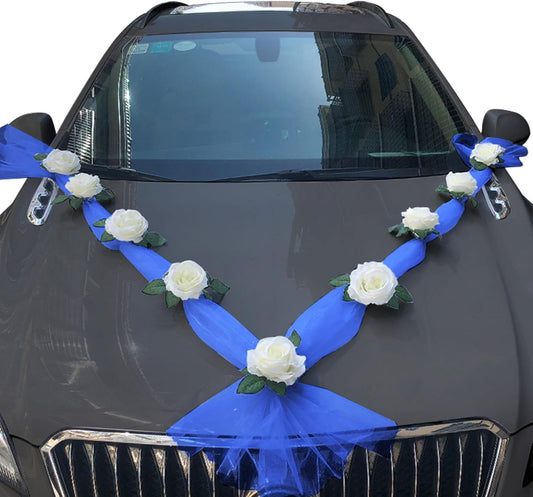 Wedding Car Flower Decoration, White Floral Flowers and Blue Ribbon Set, Just Married Automotive Ornament Accessores for Bridal Shower Party Decor