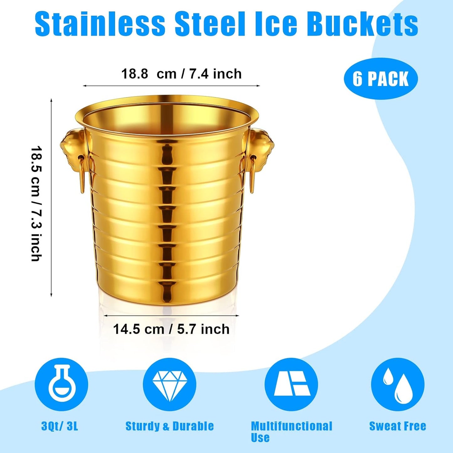 Pinkunn 6 Pack Stainless Steel Champagne Bucket 3 Qt Metal Ice Bucket Double Wall Wine Bucket with Handles Party Beverage Chiller for Champagne Beer Cocktail Wine Drinks Home Bar Accessories(Gold)