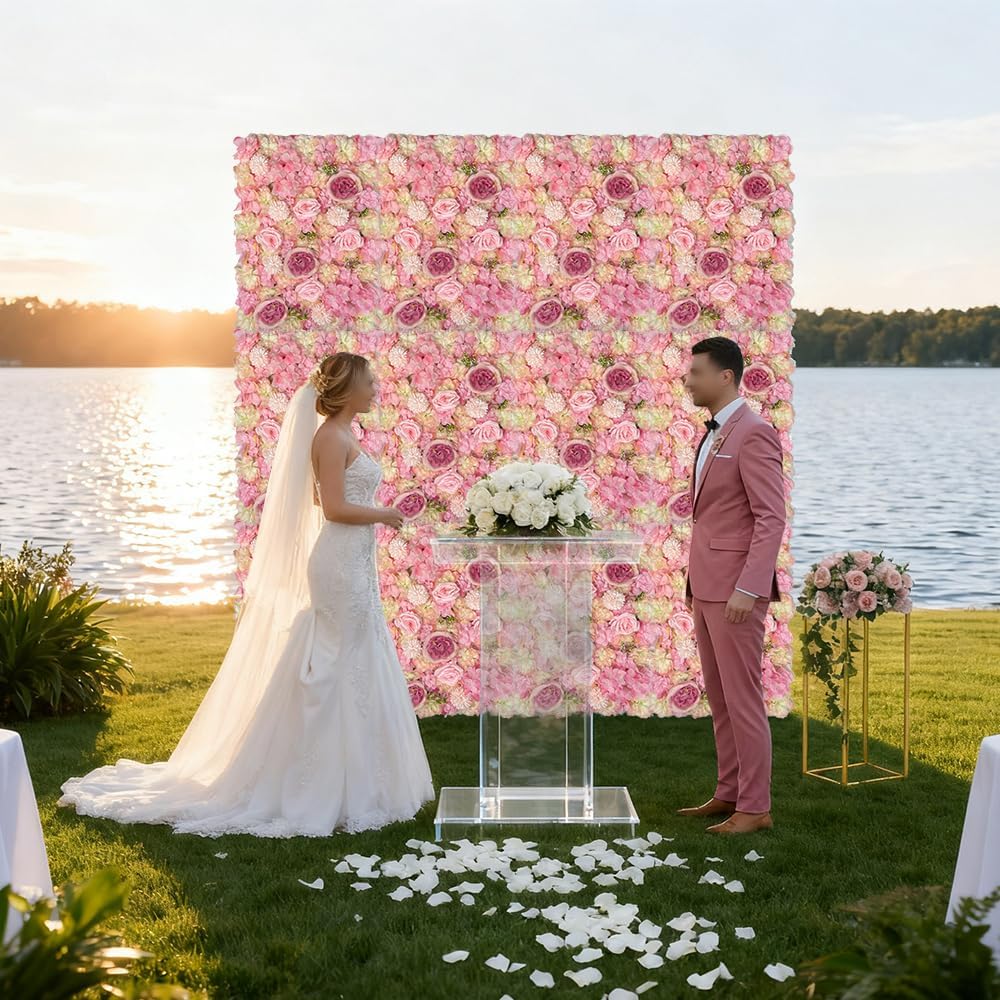 Artificial 3D Flower Wall Panel for Backdrop 12 Pcs 24x16 inches Pink Faux Roses Artificial Flower Backdrop for Wedding Party Bridal Baby Shower Decor