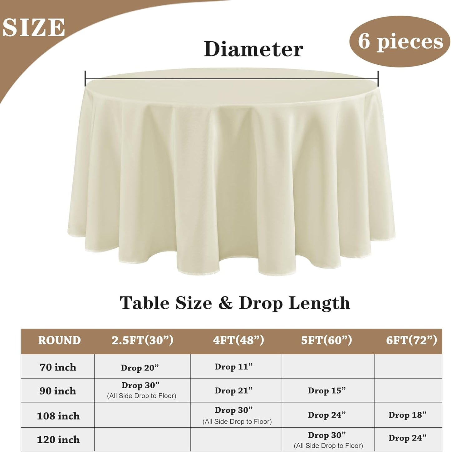 Fitable 6 Pack Ivory Round Table Clothes - 90 Inches in Diameter - Stain Resistant and Washable Tablecloths, Polyester Fabric Table Covers for Wedding, Party, Banquet, Gathering