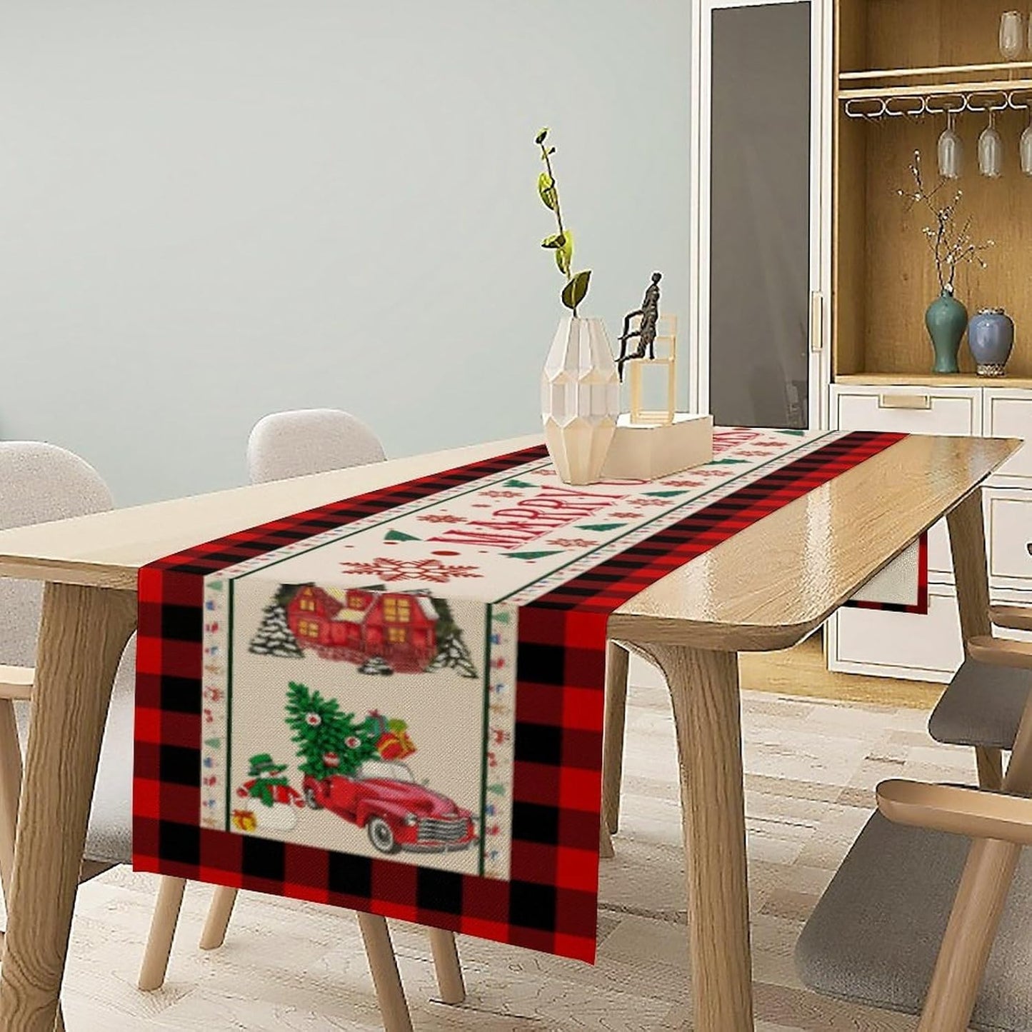 Merry Christmas Table Runner,Winter Xmas Holiday Table Cloth Kitchen Dining Table Decoration for Home Party Decor 13x36 Inch