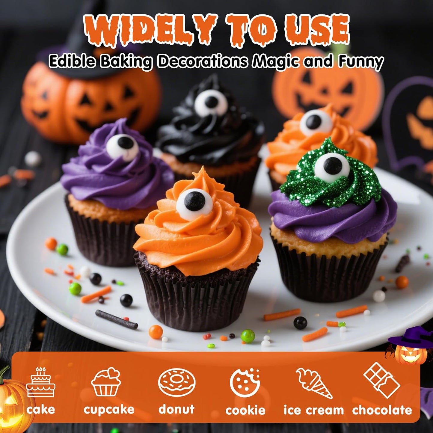 Edible Halloween Sprinkles,Black White Eyes Purple Green Orange and Black Pearls and Jimmies Mixed,130g/4.58ounce,Monster Sprinkle Perfect for Cake Decorations, Baking, Ice Cream, Cookies, Cupcake Topper,Halloween Supplies Children's Party