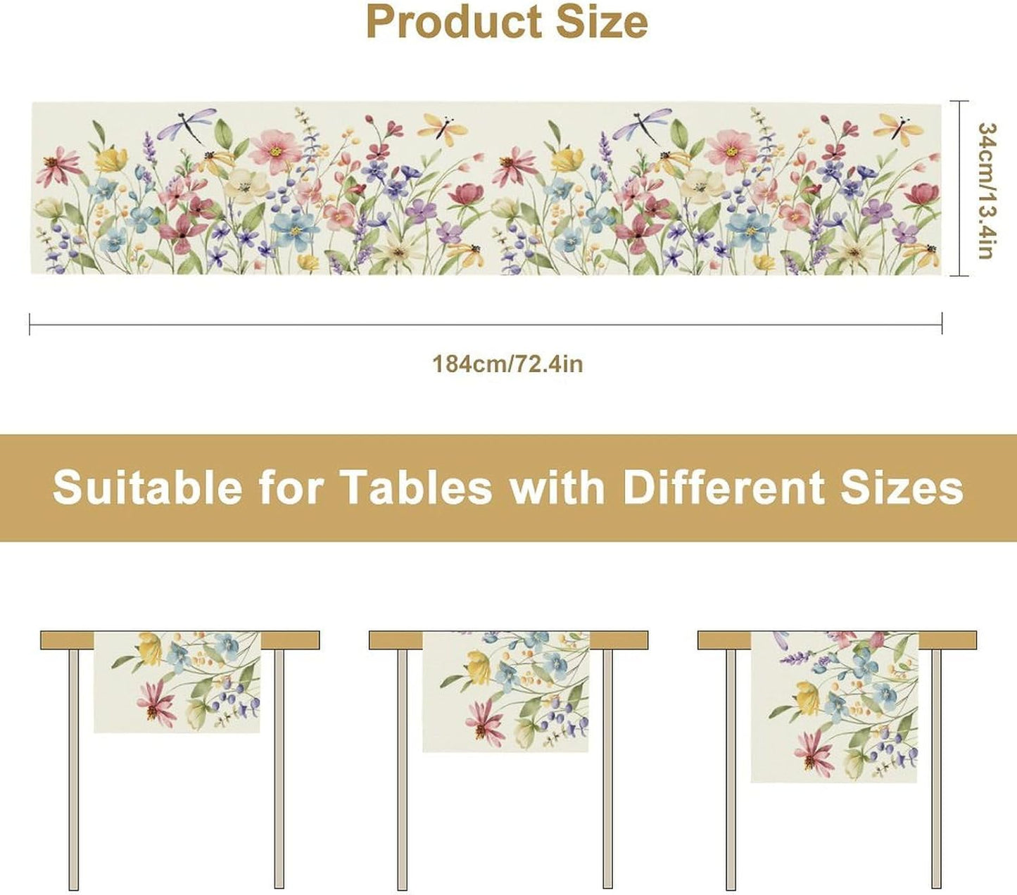 Watercolor Floral Table Runner, Colorful Spring Summer Nature Flower Dragonfly Pattern Print Table Runner for Kitchen Dinning Table Runner Decor Home Wedding Party Holiday, 13x120 Inch