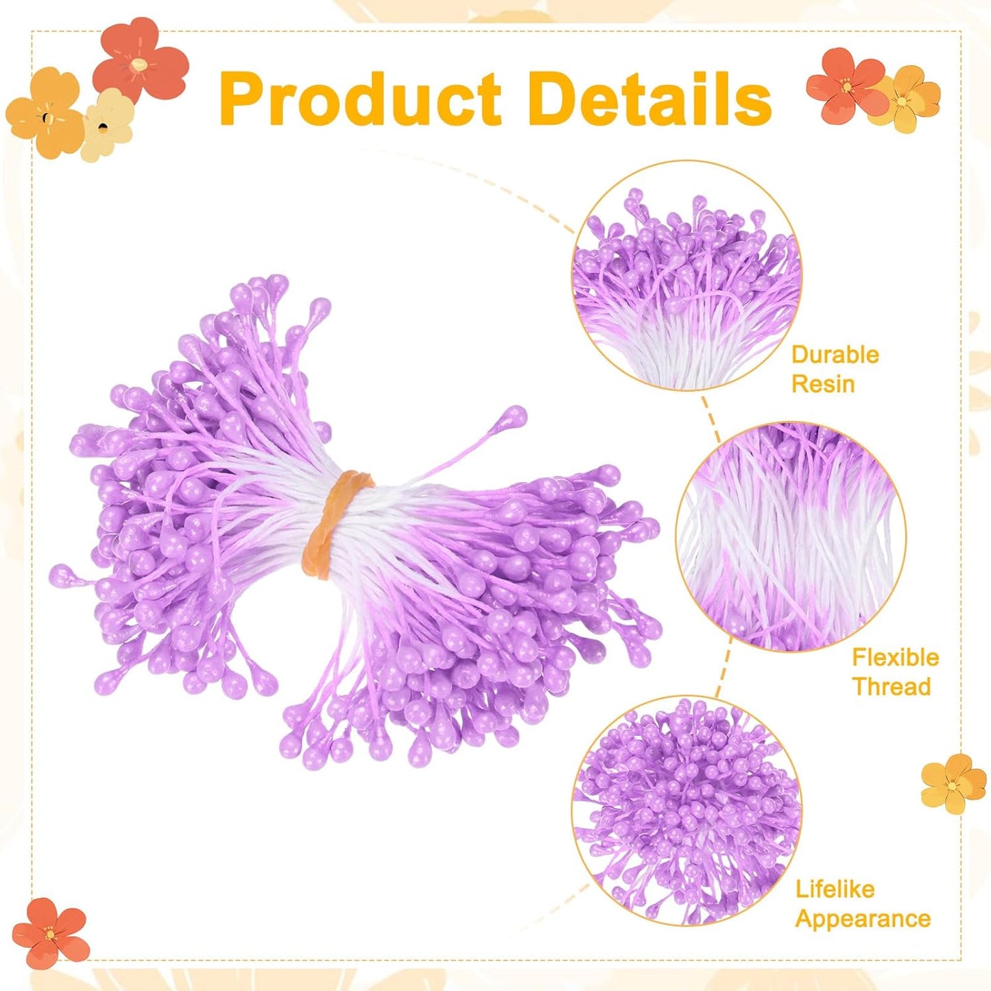 150-Pack Flower Stamens for Crafts, 5mm Double Heads Artificial Pearl Floral Pistil Mini Flower Pollens Stamens for DIY Making/Wedding/Scrapbook Decoration [Light Purple]