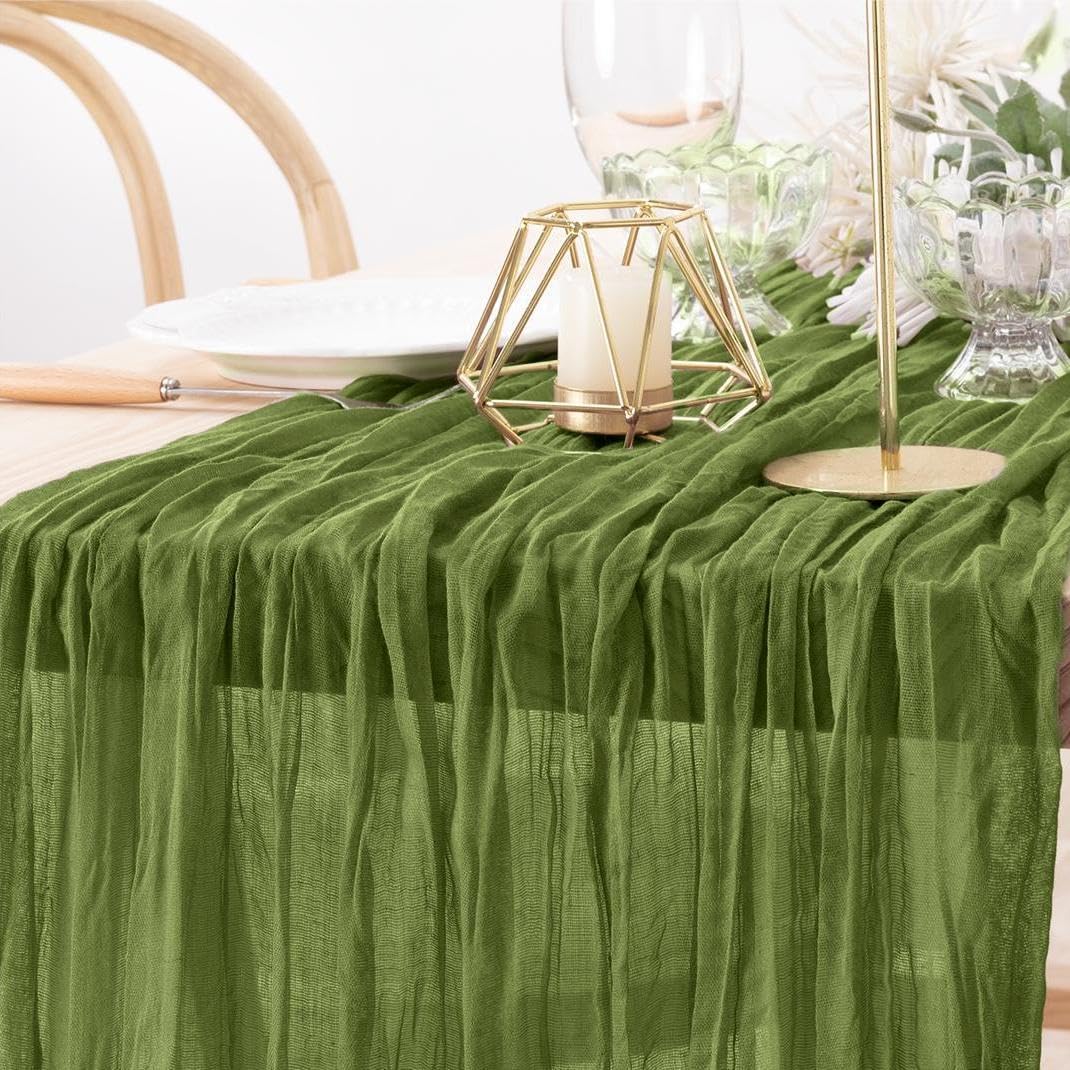 MLMW 3 Pack Fall Cheesecloth Table Runner Forest Green Boho Cheese Cloth Gauze 160 inch Rustic Sheer Table Runner 13.3ft for Wedding Party Baby Bridal Shower Birthday
