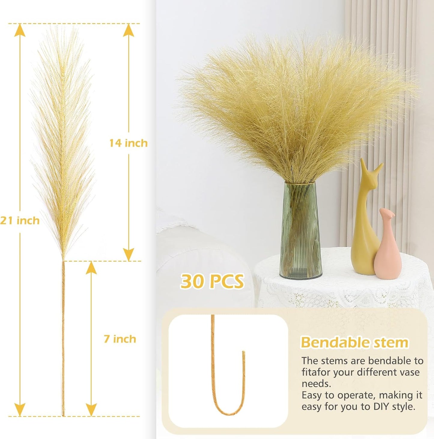 Gold Pampas Grass Decor 30 Pcs 21.7 Inch Faux Pampas Grass Bulk Artificial Dried Flowers Small Vase Filler Pompas Grass.