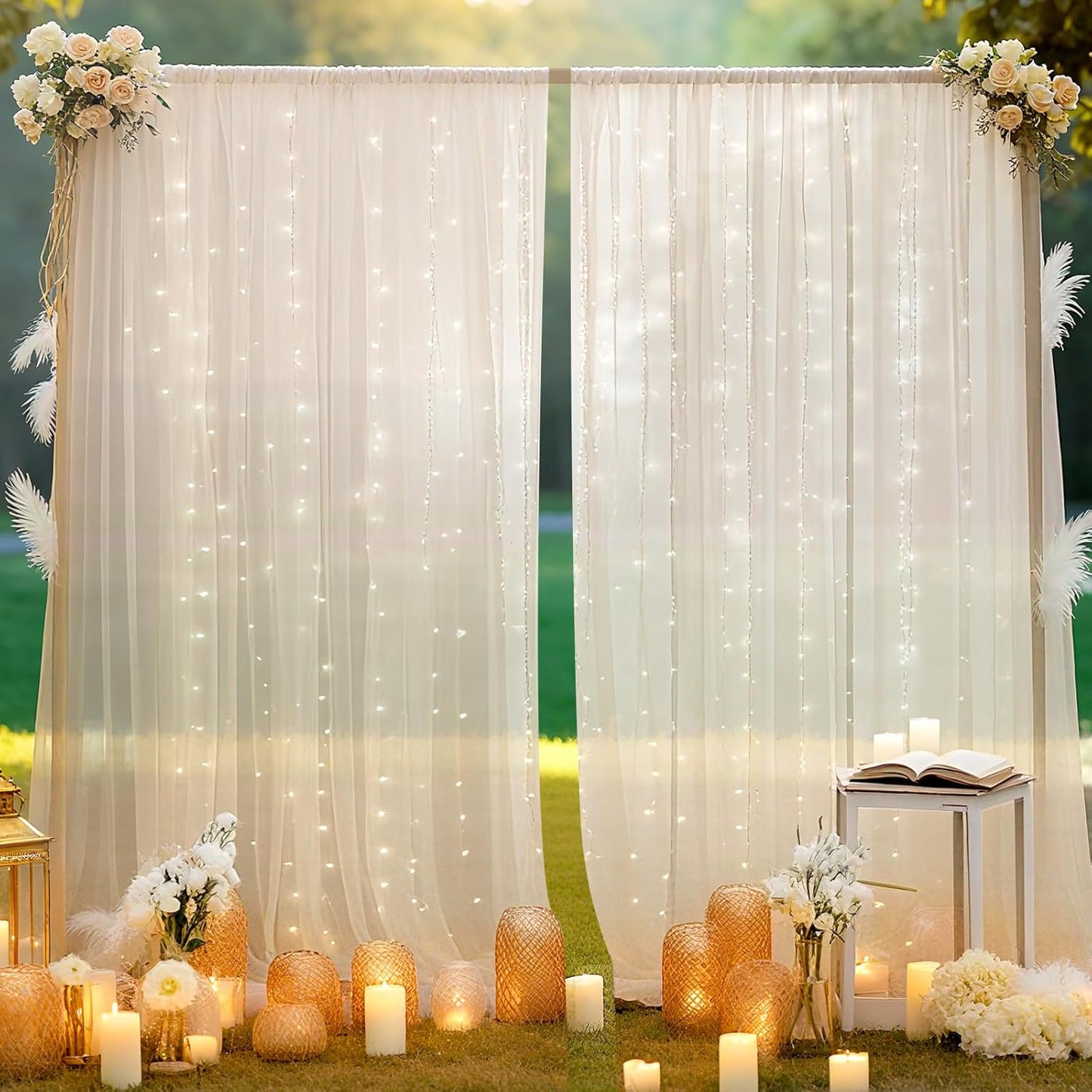 Ledido 10×10ft Tulle Backdrop Curtains with Lights String - 300LED Fairy Lights Sheer Curtain Backdrop for Weddings Baby Shower and Birthday Party Decorations(8 Panels 5×10ft)