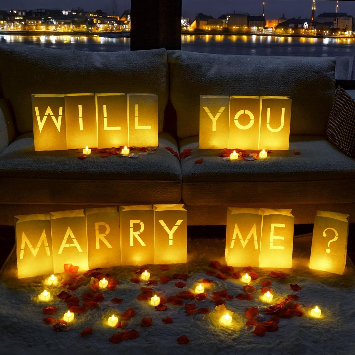 Homemory Will You Marry Me Light Up Letters Proposal Decorations with Flameless Candles and Fake Rose Petals, Valentine's Day Luminary Bags Decorations for Wedding Engagement