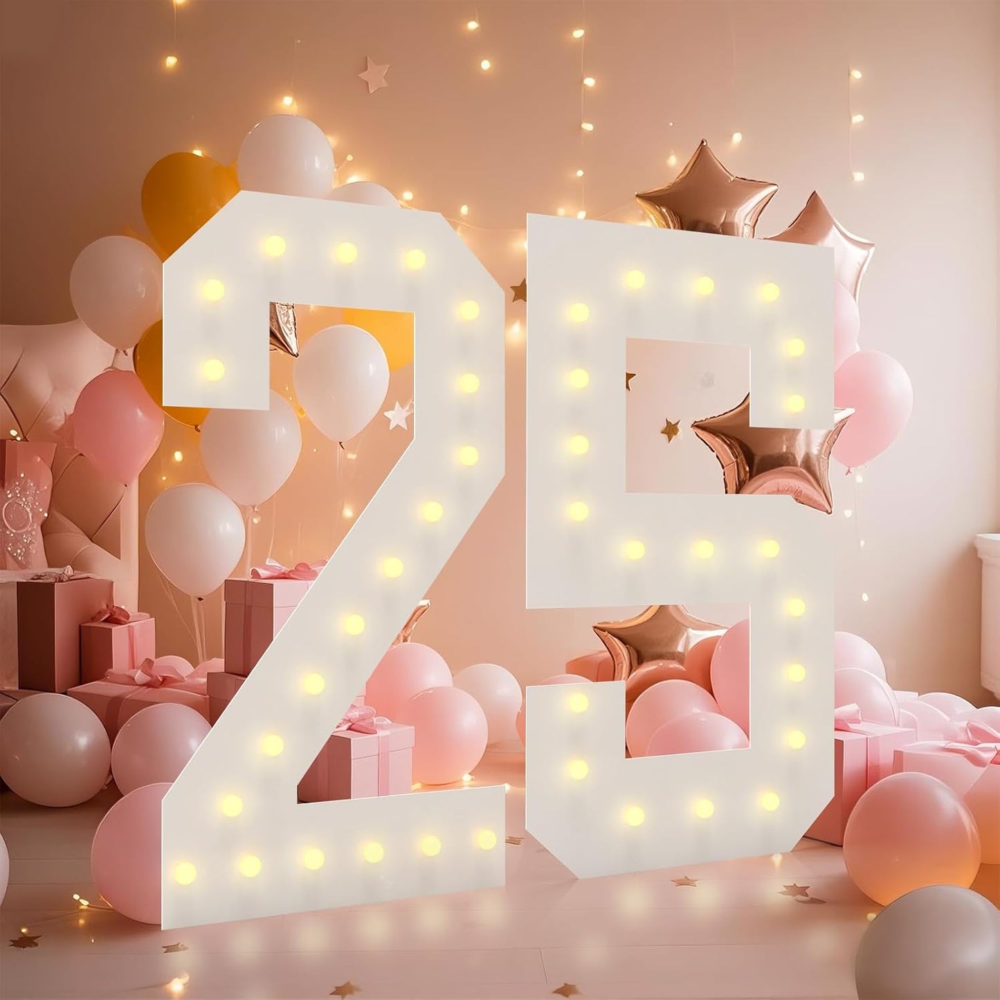LOBOOM 4FT Light Up Numbers, Marquee Numbers 4 Feet Tall Giant Number 25 Mosaic Big Number Sign for 25th Birthday Party Backdrop Anniversary Decorations, Pre-Cut Large Frame