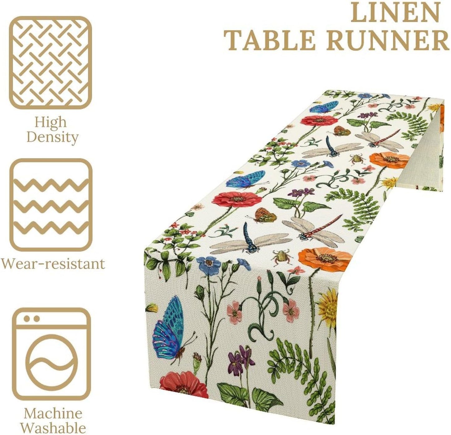 Vintage Botanical Flowers Table Runner, Seasonal Summer Plants Florals Butterfly Dinner Runner for Home Kitchen Dining Table Party Holiday Decoration 13"x70"