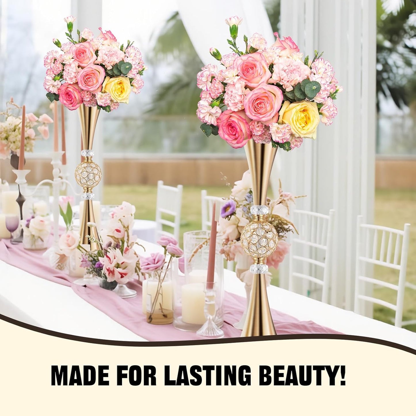 VIJIV Gold Crystal Flower Vases for Centerpieces Tables - Tall Trumpet Vase for Bouquet Decorative, Dining Table Décor Flower Stand with Ribbed Texture for Events, Bridal Showers & Boho Weddings