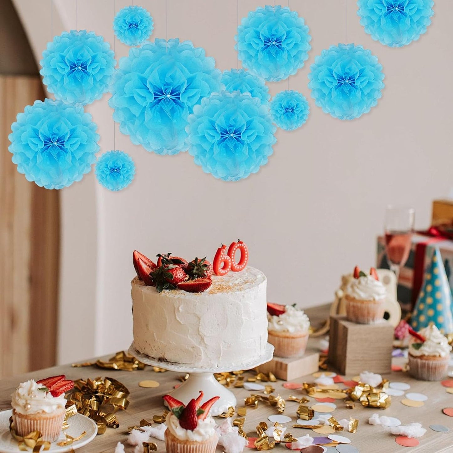 Tissue Paper Pom Poms, Blue Tissue Paper Flowers, Hanging Flower Balls for Weddings Fiesta Parties Birthday Baby Showers Classroom Bridal Shower Decoration (20Piece Set-6/10/12/14Inch)