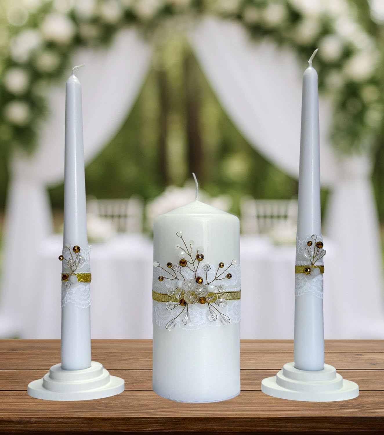 Unity Candle Set - Wedding Ceremony & Reception – 6” Pillar & Two 10” Taper Candles – Long Burning Unity Candles for Marriage Ritual – Handmade in USA – Diamond |Gold