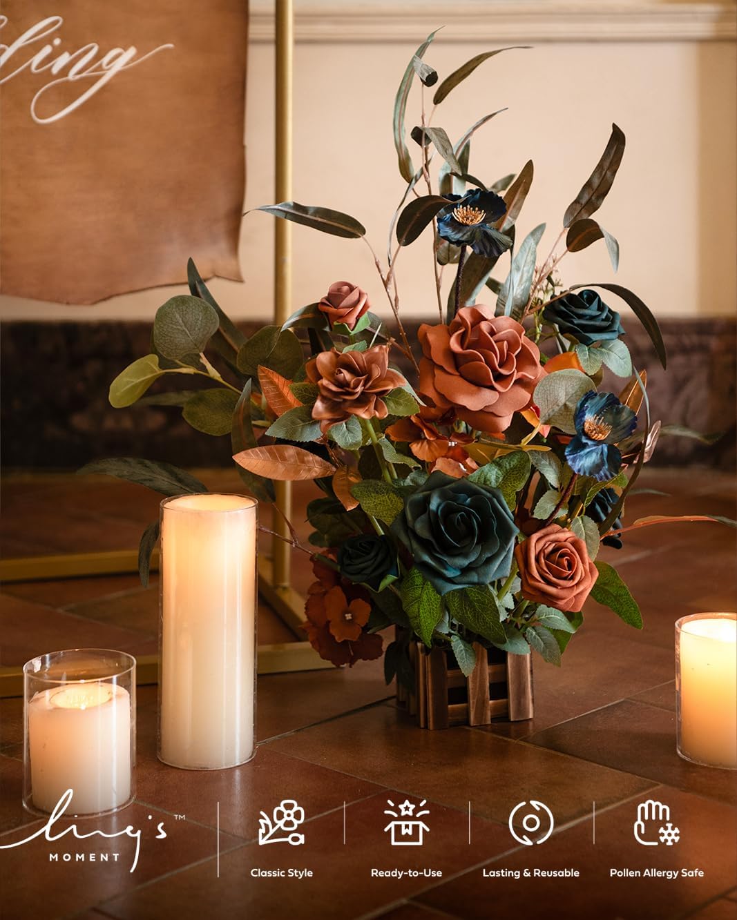 Ling's moment 17.5" Tall Standing Artificial Flowers Arrangements 4pcs Fall Wedding Aisle Runner Chair Decorations Teal Burnt Orange Centerpieces Ceremony Reception Rose Floral Party Outdoor