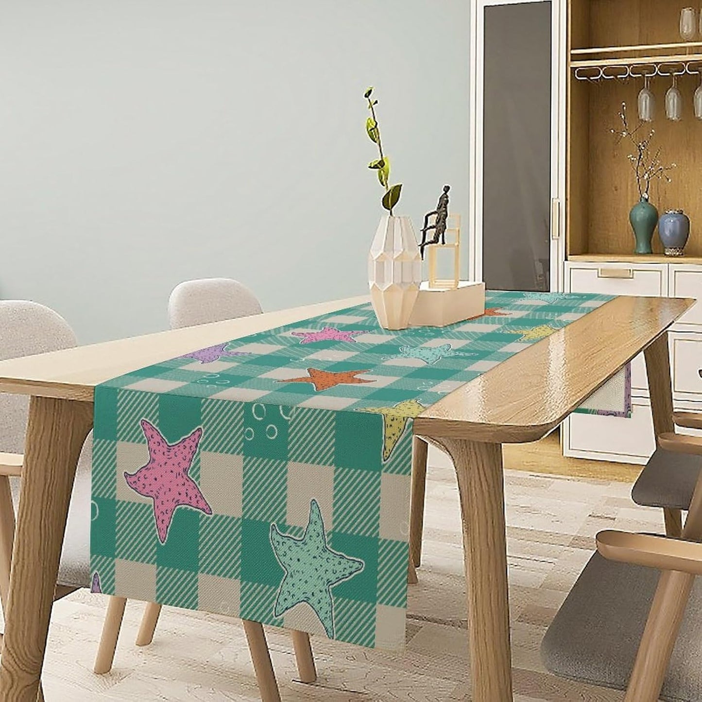 Starfish Plaid Table Flag Green Plaid and Marine Life Starfish Kitchen Table Flag Suitable for Birthday Party Restaurant Decoration Outdoor Picnic 13 * 108 Inch